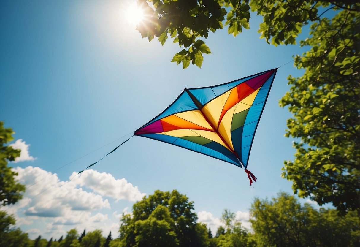 A colorful kite soaring high in the sky, surrounded by lush green trees and a serene blue sky. The sun is shining, and the gentle breeze creates a sense of calm and peace