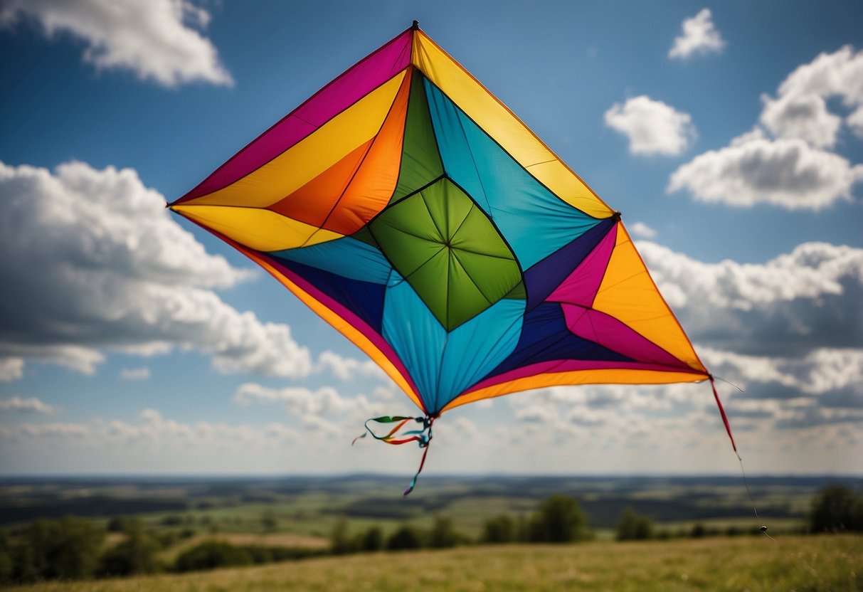 A colorful kite soars high in the sky, dancing with the wind as it moves through the air. The surrounding landscape shows signs of changing weather patterns, with clouds and sunlight creating a dynamic backdrop