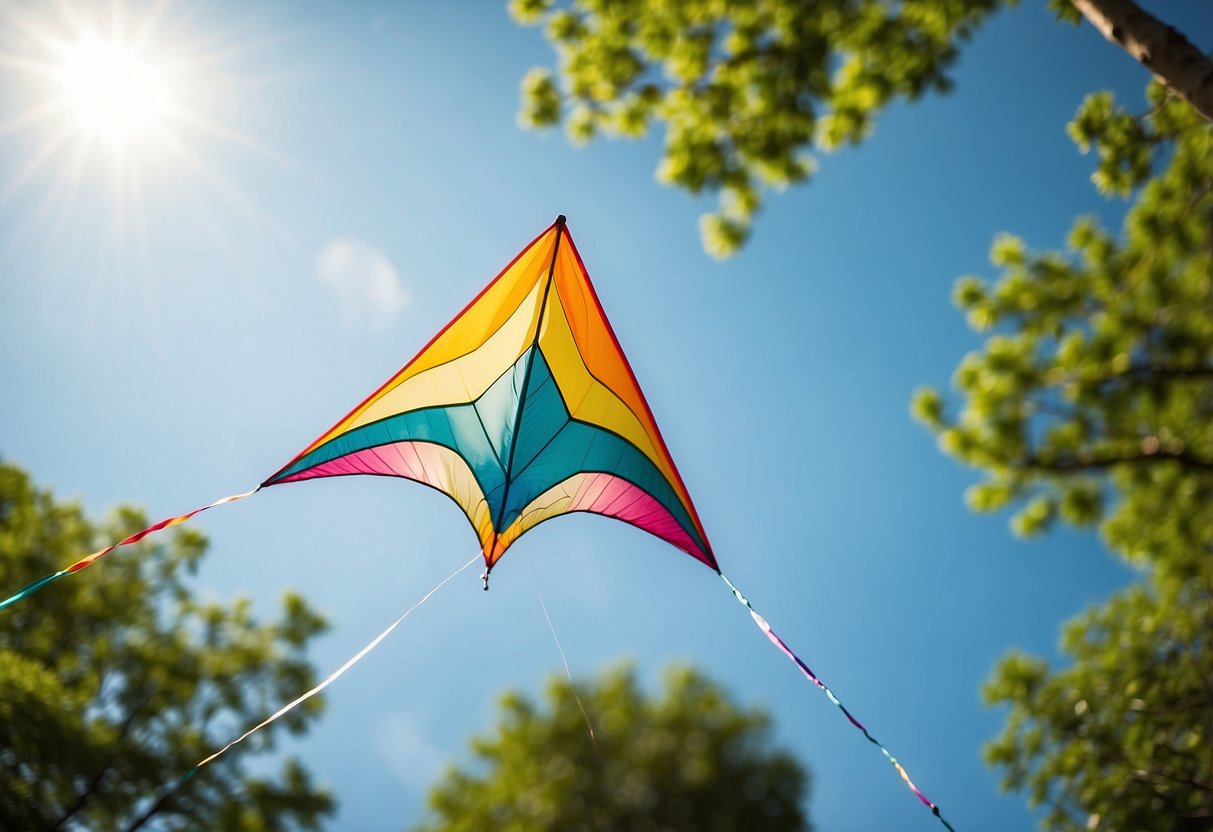 A colorful kite soars high in the clear blue sky, surrounded by green trees and a gentle breeze. The sun shines brightly, casting a warm glow on the scene