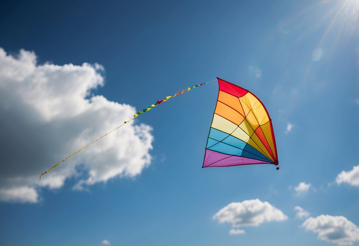 A kite flying in a clear blue sky, while insects buzz around. The kite string is held firmly, and insect repellent is nearby