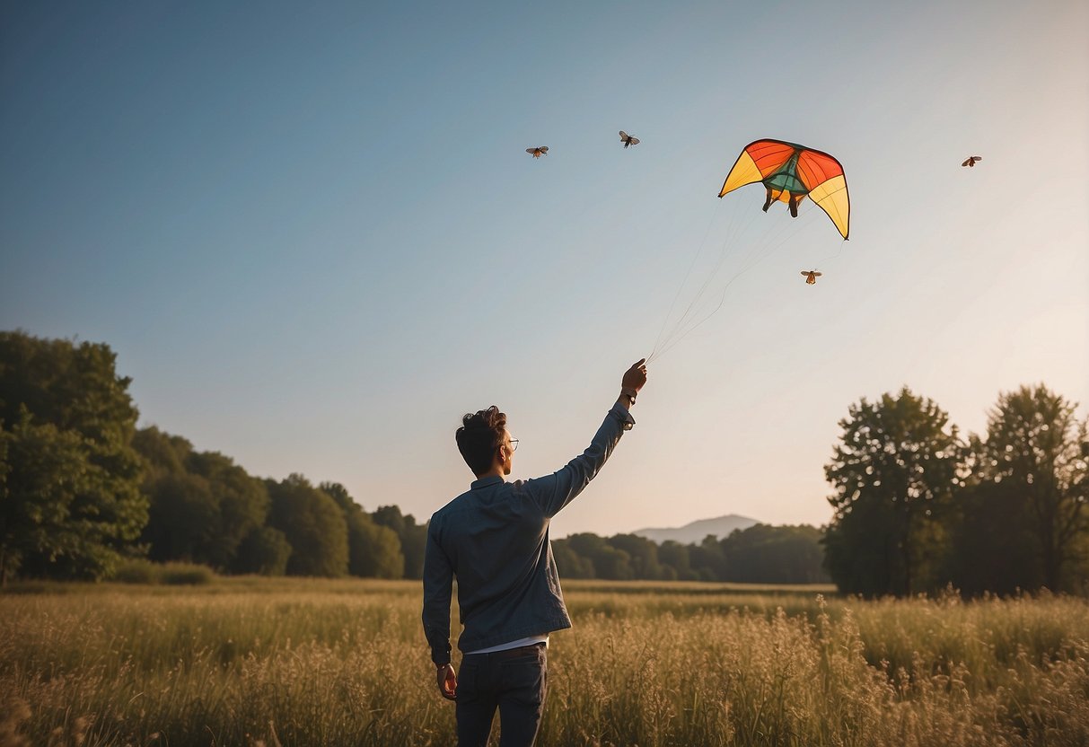 A person in lightweight, long-sleeved clothing flies a kite, surrounded by insects