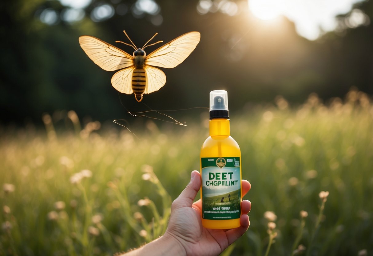 A hand reaches for a bottle of insect repellent labeled "DEET" with a kite flying in the background