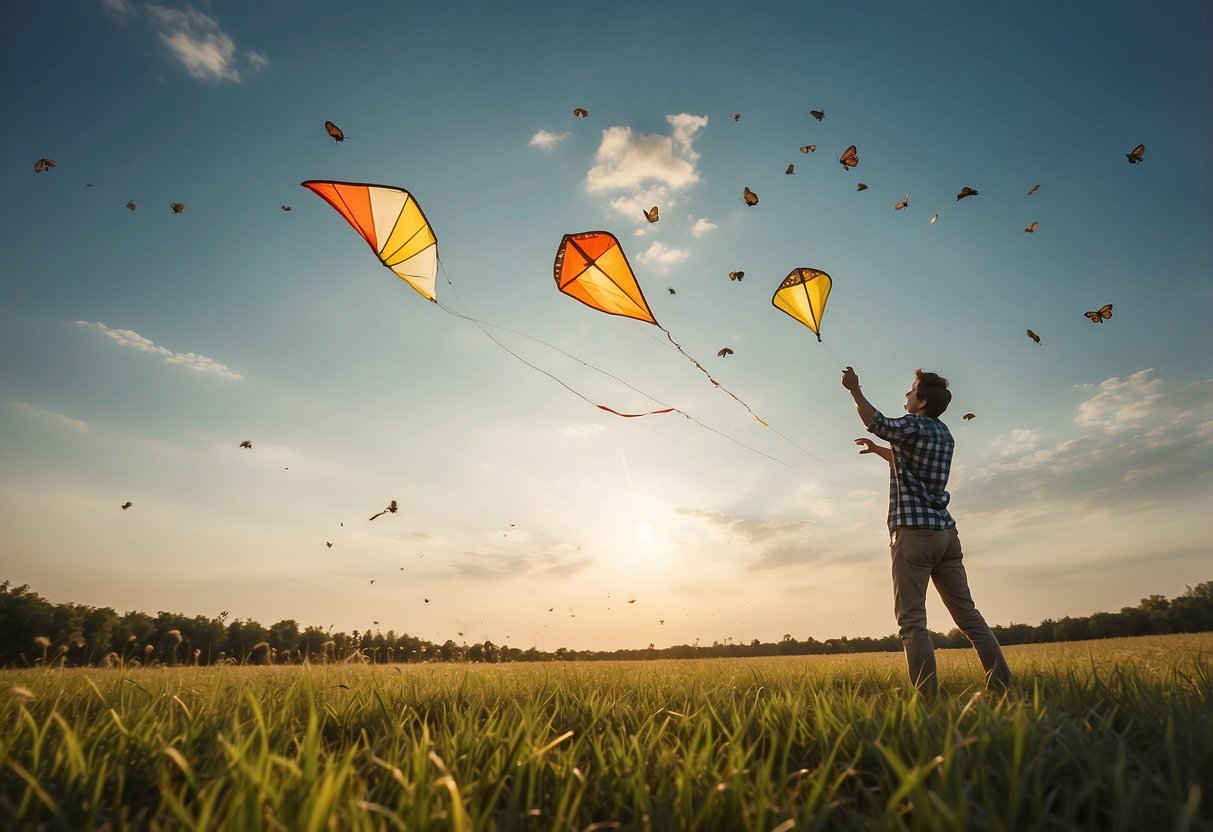 A person flying a kite on a grassy field, surrounded by buzzing insects. No sweet-smelling lotions or perfumes are present