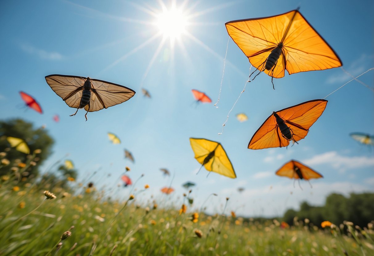 Insects swarm around a colorful kite in a clear, sunny sky. A gentle breeze blows as the kite flies gracefully, while the insects buzz around it