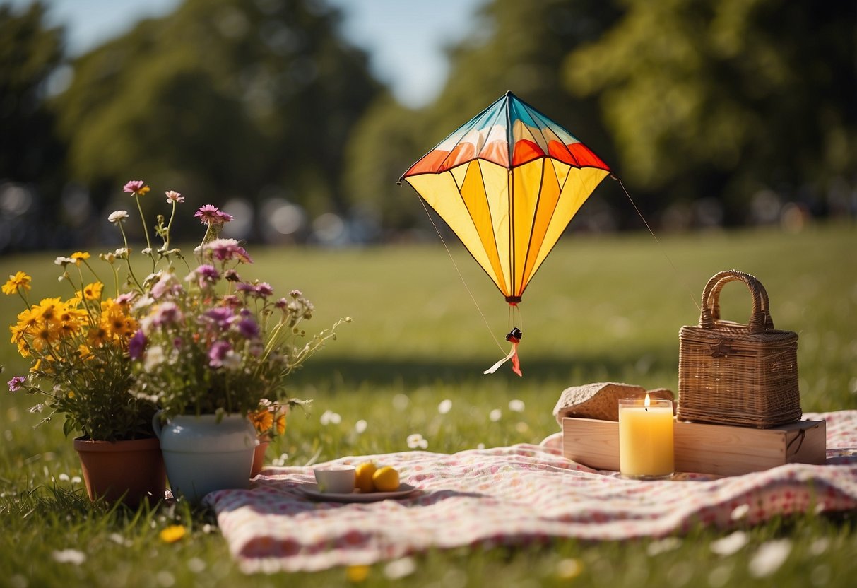 A kite flying in a sunny park, surrounded by colorful flowers and a picnic blanket. Insects are kept at bay by citronella candles and bug spray