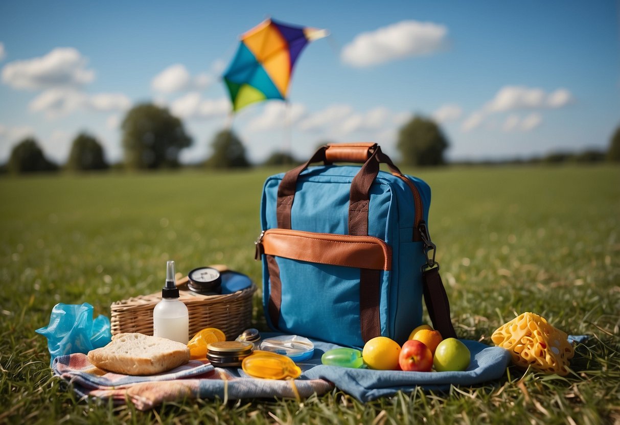 Bright blue sky with colorful kites soaring high. A compact first aid kit sits on the grass, alongside a picnic blanket and snacks