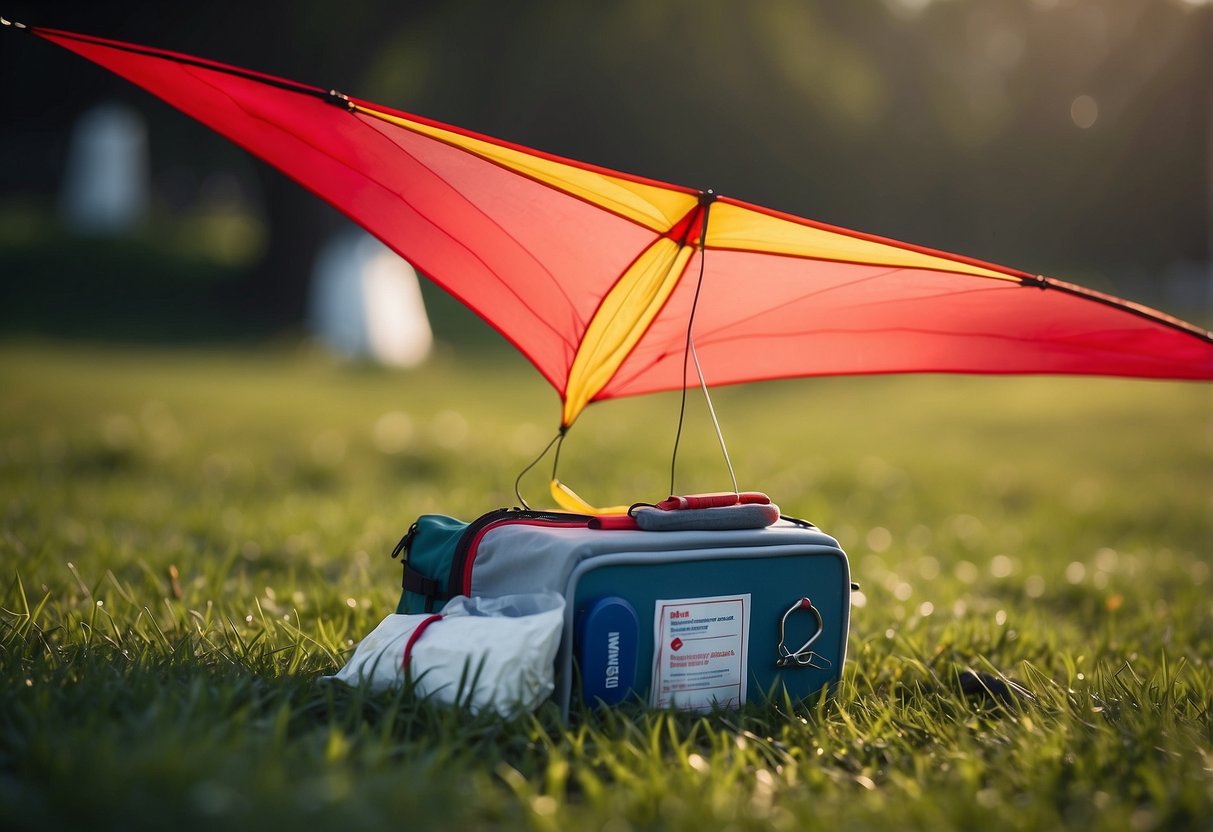 A colorful kite soaring in the sky, with a bright red DeftGet First Aid Kit resting on the grass below, surrounded by a few scattered bandages and antiseptic wipes