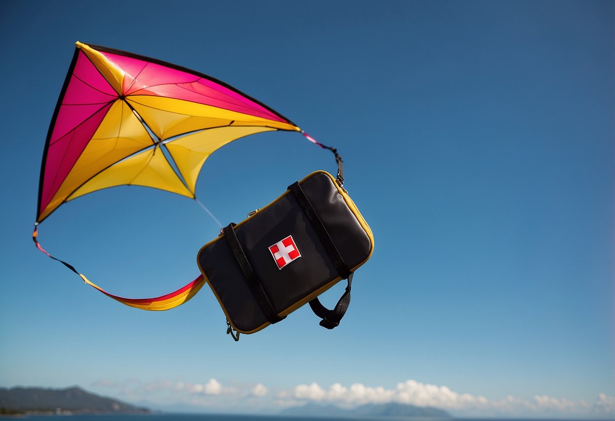 A colorful kite soars high in the sky, while a compact first aid kit sits nearby, ready for any unexpected mishaps