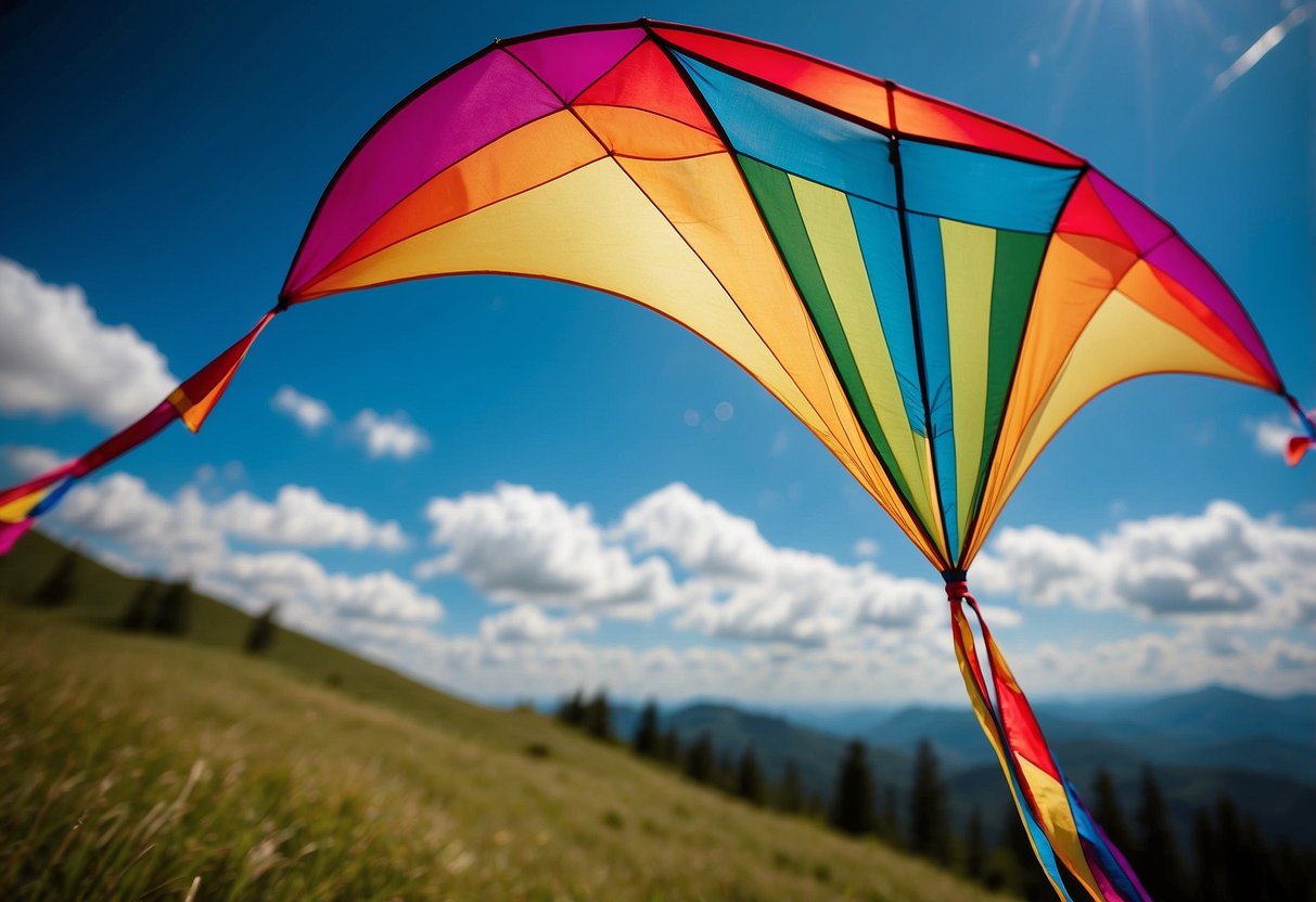 A colorful kite soars in the bright blue sky, trailing a vibrant tail behind it. Below, a compact first aid kit sits ready for any unexpected mishaps during the outdoor adventure
