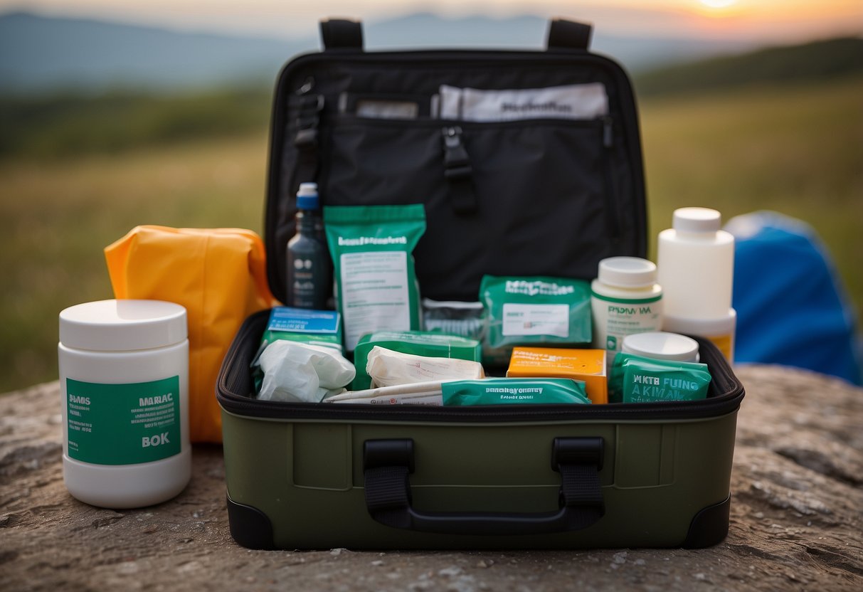 The lightweight first aid kits are displayed with kite flying gear. They include bandages, antiseptic wipes, and other essentials