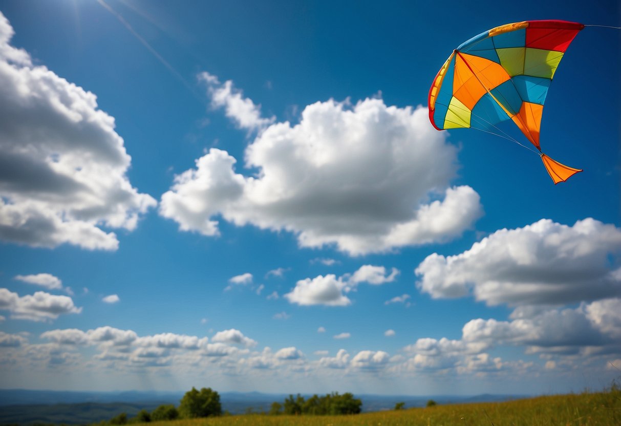 Bright blue sky with fluffy white clouds, a colorful kite soaring high in the air. A small lightweight first aid kit sits nearby, ready for any mishaps
