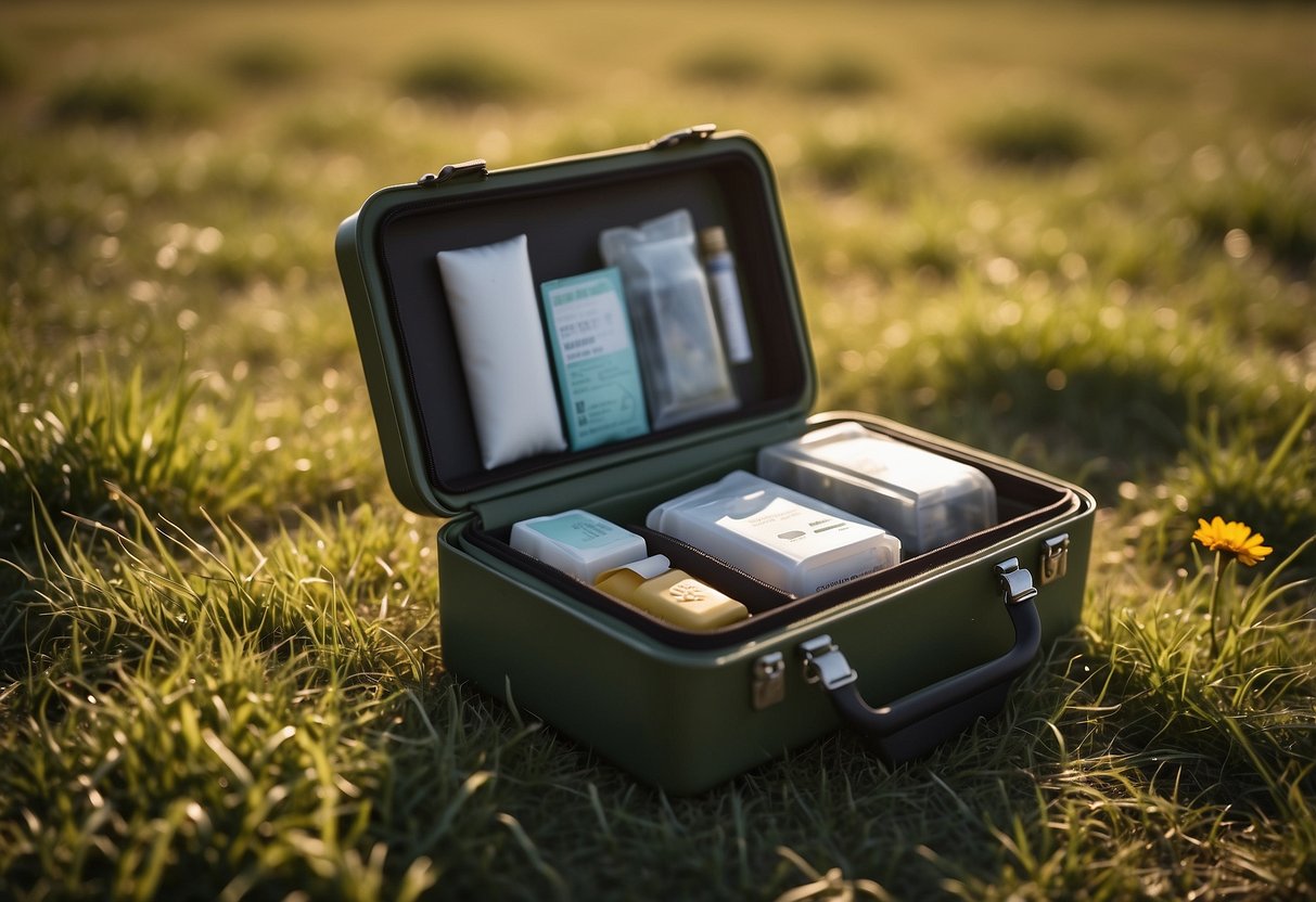 A compact first aid kit sits open on a grassy field, with items neatly organized inside. A kite flies in the background, capturing the carefree spirit of outdoor activities
