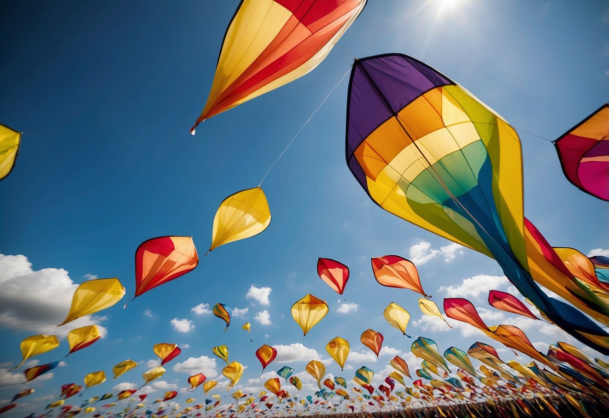 Vibrant kites fill the sky at the festival. Colorful designs dance in the wind, creating a stunning visual display against a backdrop of blue sky and fluffy white clouds