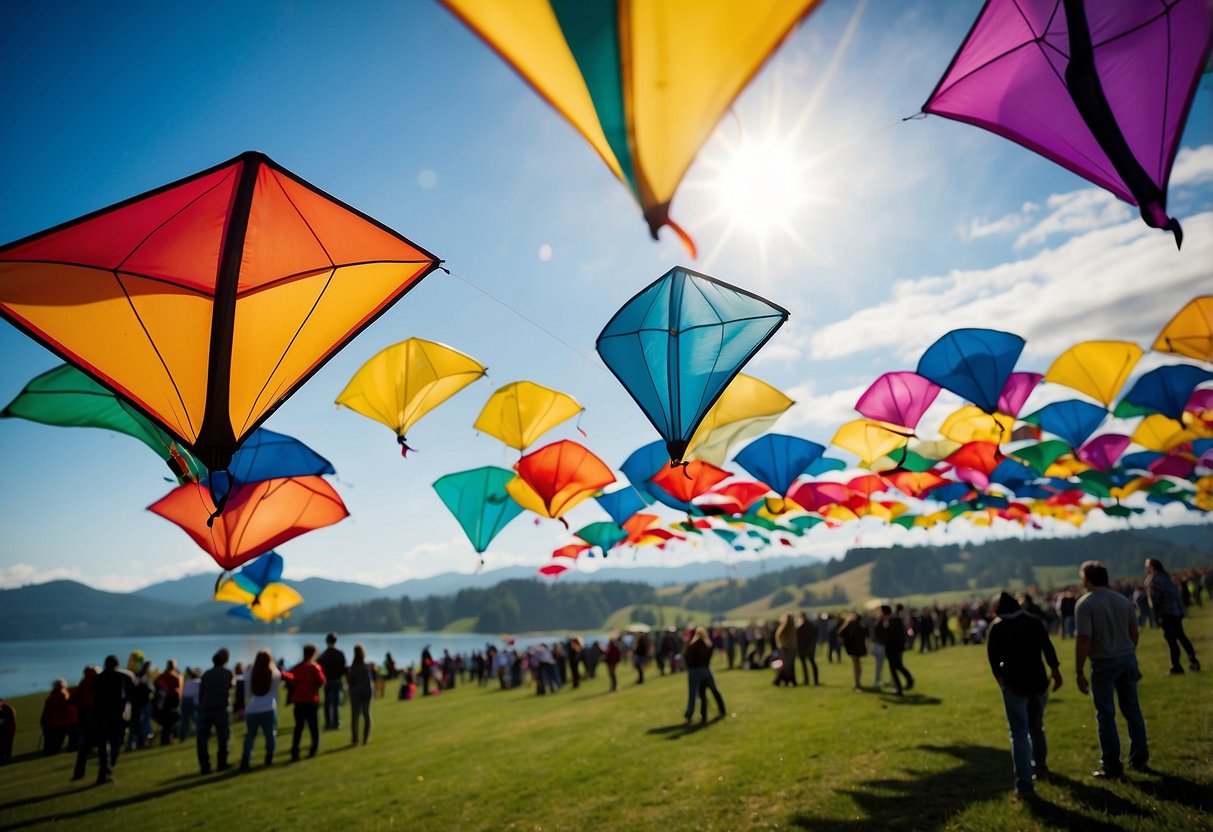 Colorful kites fill the sky at Washington State International Kite Festival, with a backdrop of rolling green hills and a sparkling ocean