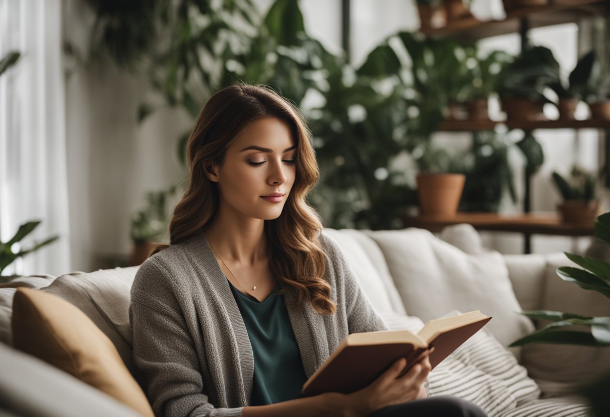 A serene woman reading a book in a cozy living room, surrounded by plants and natural light, with a subtle hint of sadness in her expression