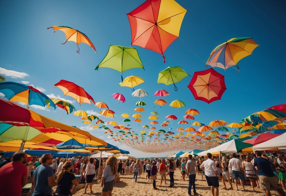 Vibrant kites fill the sky at the Dieppe Kite Festival, soaring above the sandy beach and colorful umbrellas, creating a stunning and lively scene