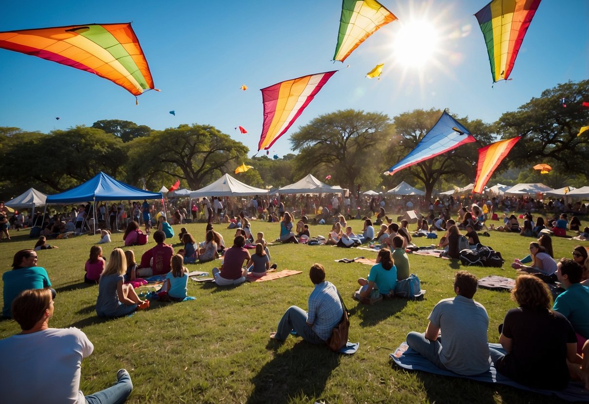 Colorful kites fill the sky at Zilker Kite Festival, with families picnicking on the grassy fields below. The sun shines brightly as the kites dance and soar against the blue backdrop