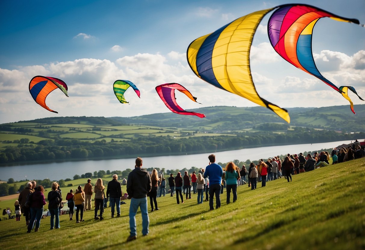 Vibrant kites fill the sky at the Bristol International Kite Festival, with a backdrop of rolling green hills and a picturesque lake