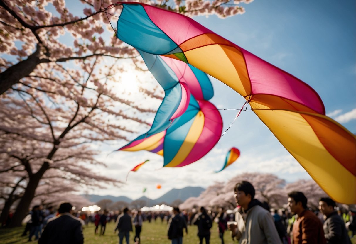 Vibrant kites soar against a backdrop of blooming cherry blossoms at the Sakura Kite Festival. The colorful kites dance in the sky, creating a picturesque scene of celebration and joy