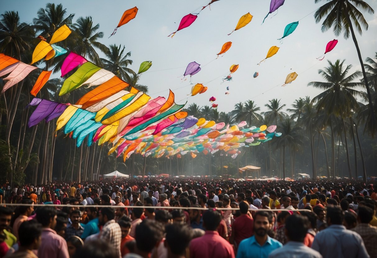 Colorful kites fill the sky at the Kerala International Kite Festival, with a backdrop of palm trees and a vibrant crowd below