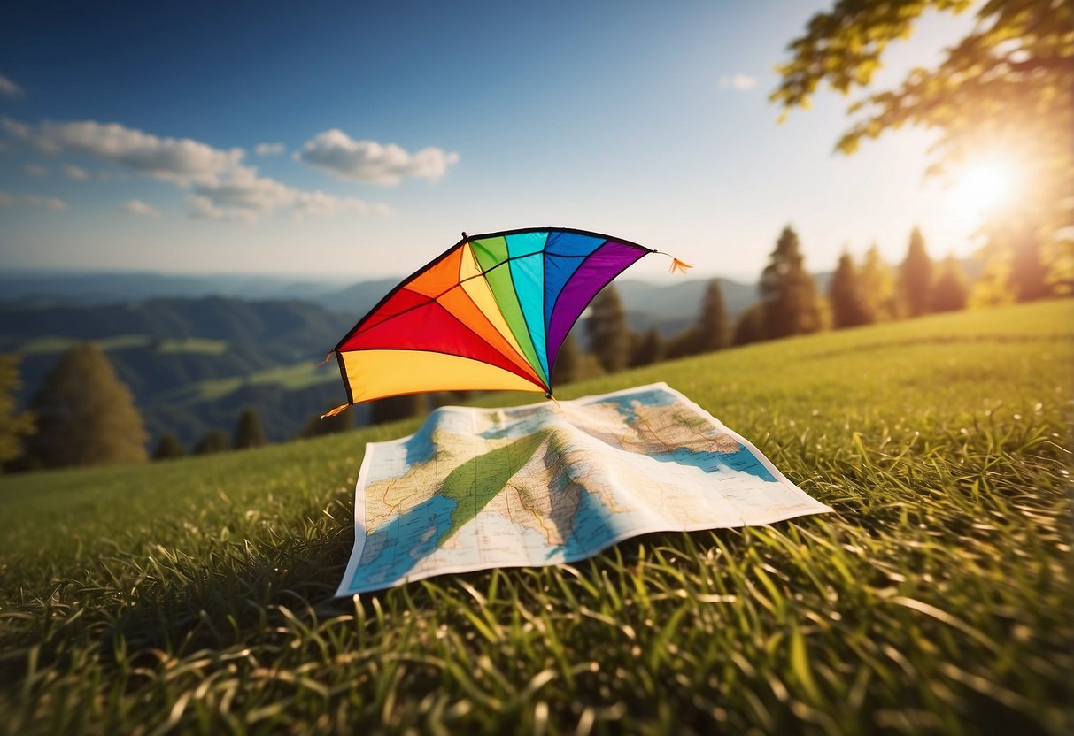 A colorful kite flying high in the sky, with a map and compass laid out on the grass below. The sun is shining, and there are trees and hills in the background