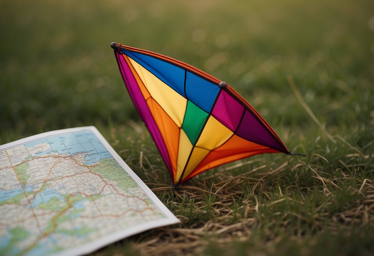 A colorful kite flies high above a grassy hill, while a map and compass lay on the ground nearby. The topography of the landscape is varied, with rolling hills and patches of trees