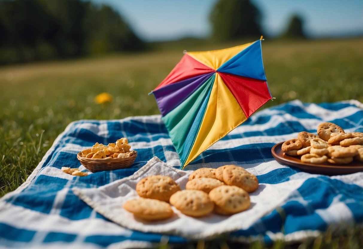 A colorful kite flies high against a clear blue sky. A map and compass lay on the grass, next to a picnic blanket and a small bag of snacks