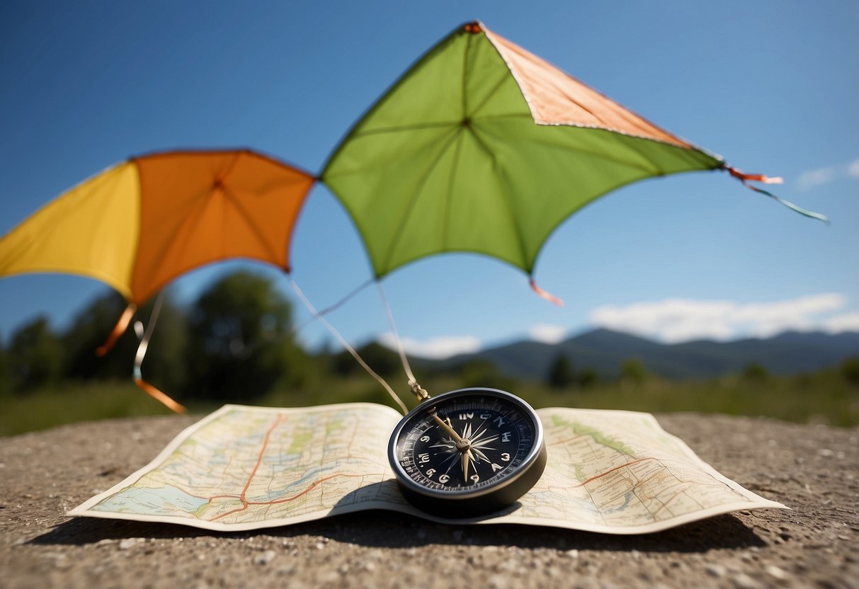 A kite flying in a clear blue sky, while a map and compass lay on the ground nearby. The kite string is taut, and the wind is gently blowing, creating a perfect setting for practicing navigation skills