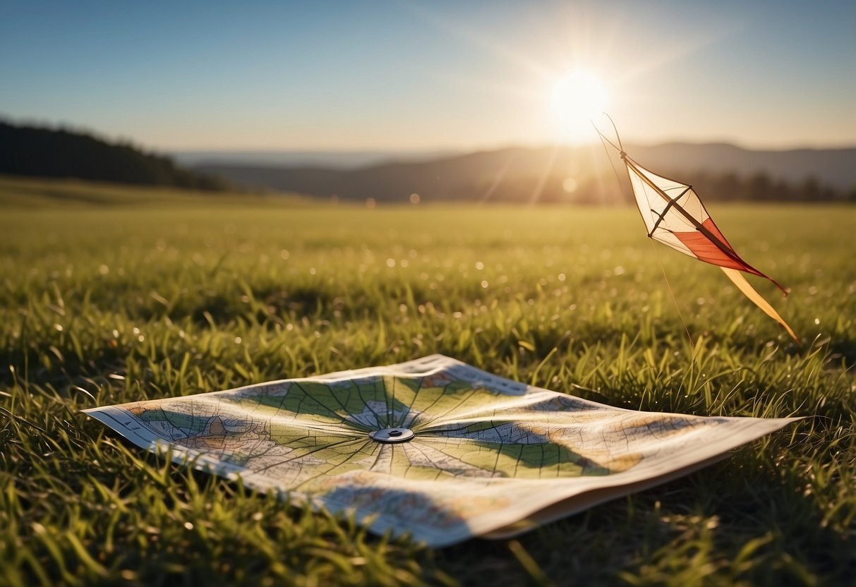 A kite flying in an open field, with a map and compass laid out on the grass nearby. The sun is shining, and the wind is gently blowing, creating the perfect conditions for a day of outdoor adventure