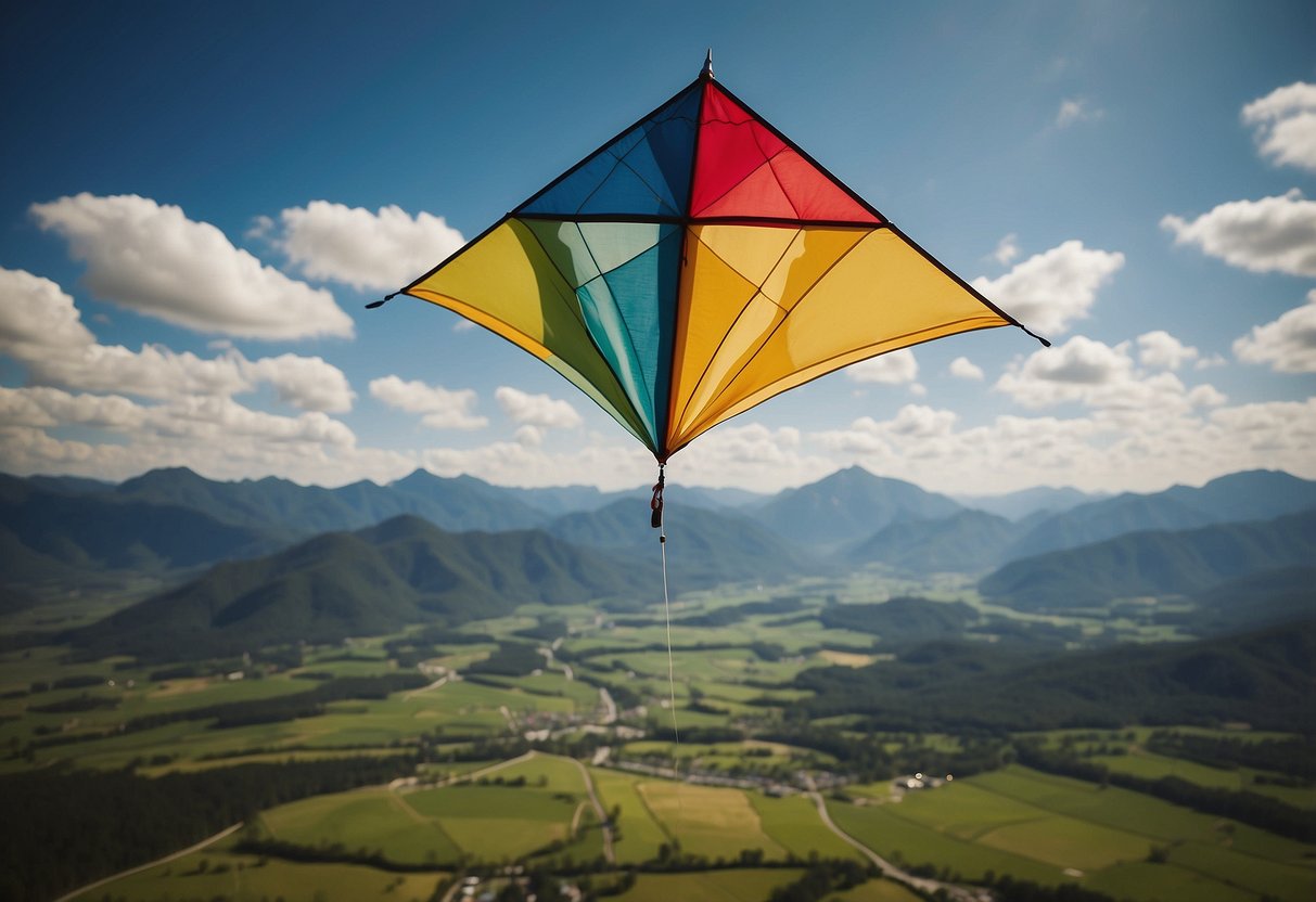 A kite flying high in the sky, while a map and compass are being used to navigate. The wind blows and the kite dances as the user effectively utilizes the compass for direction