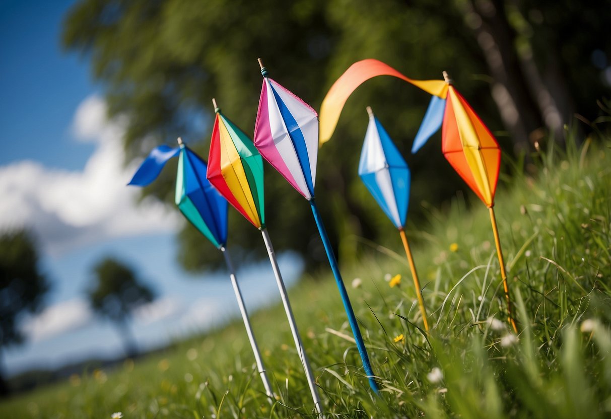 Bright blue sky with fluffy white clouds. Five colorful lightweight kite flying rods standing upright in the green grass. Wind gently blowing, ready for takeoff