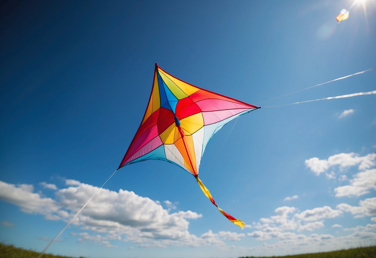 A colorful kite soars through a clear blue sky, tethered to a lightweight, sturdy rod. The wind tugs at the kite, creating a dynamic and lively scene