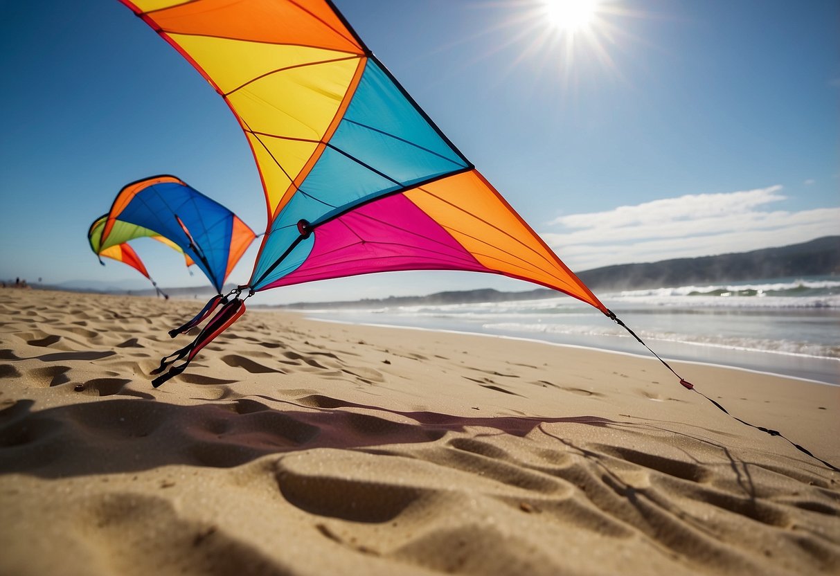 A bright, sunny day at the beach. A colorful New Tech Kites Jet Stream Dual Control kite soaring high in the sky, with its 5 lightweight flying rods visible