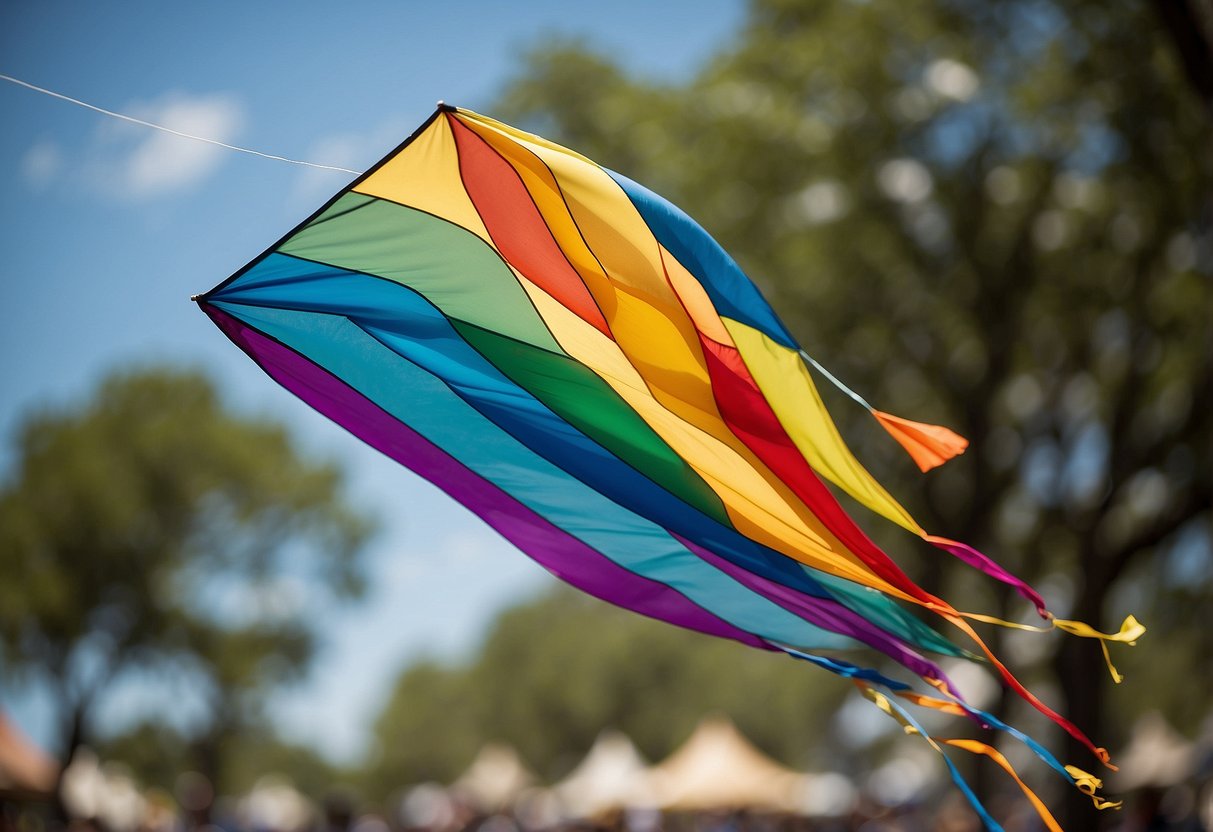 A colorful kite soars high in the sky, held aloft by five lightweight rods. The wind tugs at the fabric, creating a graceful dance in the air