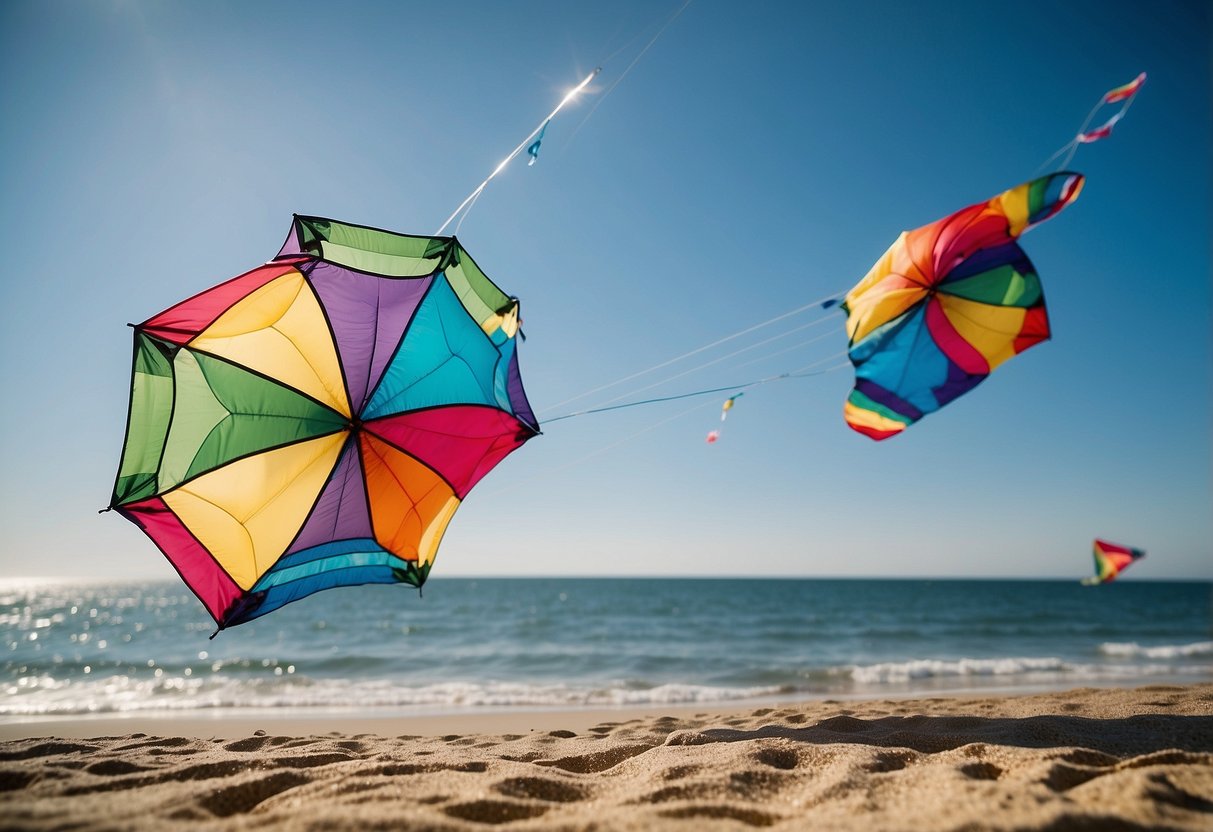 A bright, sunny day at the beach with a colorful HQ Kites Hydra 5 kite soaring high in the clear blue sky, held aloft by lightweight flying rods