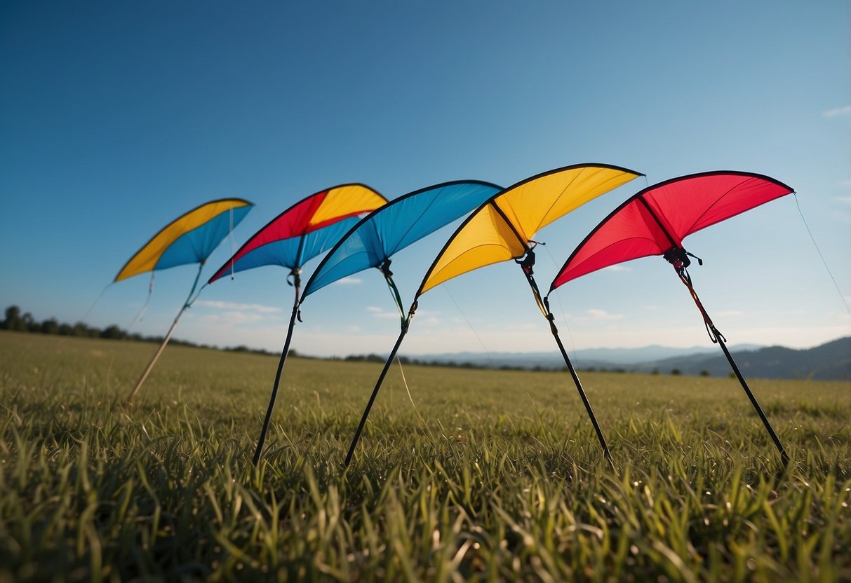 Five lightweight kite flying rods arranged neatly on a grassy field, with a clear blue sky in the background