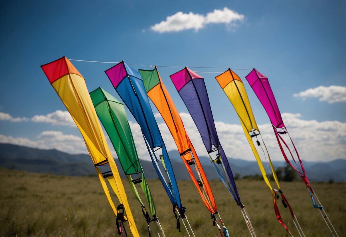 Five colorful lightweight kite flying rods arranged in a safe and secure manner, with clear safety instructions displayed nearby