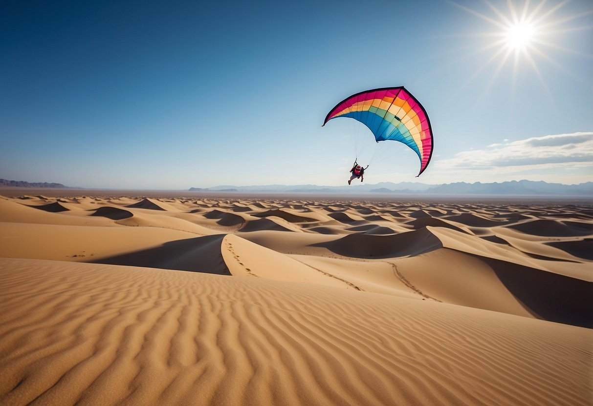 A colorful kite soars over a vast desert landscape, with rolling sand dunes and a clear blue sky in the background