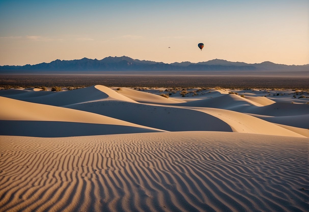 Vast desert landscape with dunes and clear blue skies. Kites soaring above the sandy terrain at White Sands National Park, New Mexico