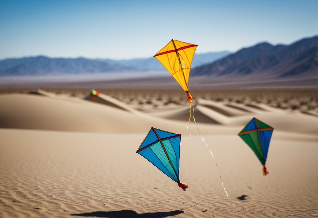 Kites soar above vast desert landscape in Death Valley National Park, California. Sand dunes and rocky formations create a stunning backdrop for kite flying