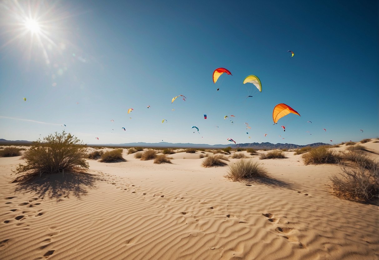 Sandy dunes stretch under clear blue skies, dotted with colorful kites soaring in the wind at Mojave National Preserve, California