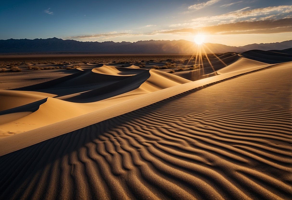 The sun sets over the undulating Mesquite Flat Sand Dunes, casting long shadows and creating a dramatic contrast between the golden sand and the deep blue sky