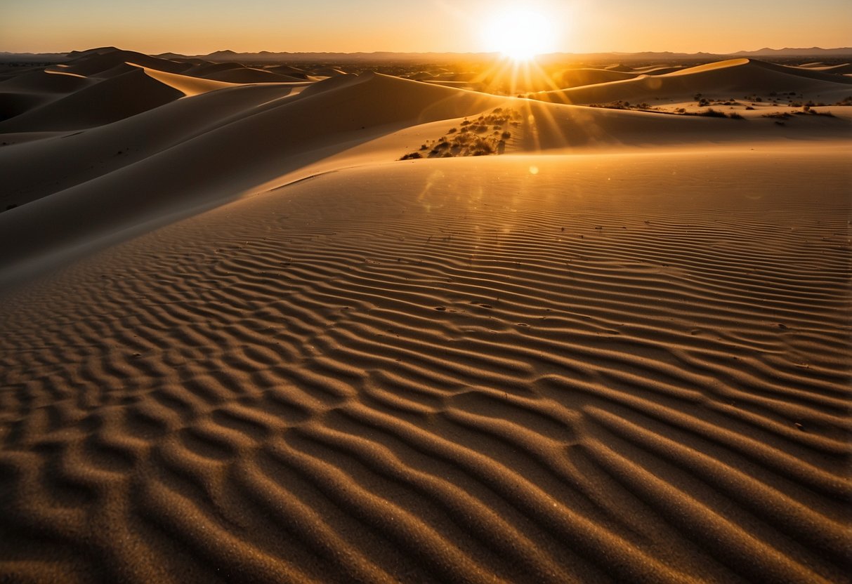 The sun sets over the vast sand dunes, casting long shadows and highlighting the rippling textures. Kites of various colors and shapes soar through the air, leaving trails of movement against the golden sky