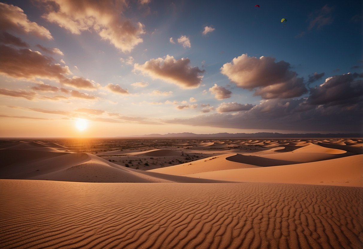 Sunset over the vast pink sand dunes, with colorful kites soaring in the clear desert sky