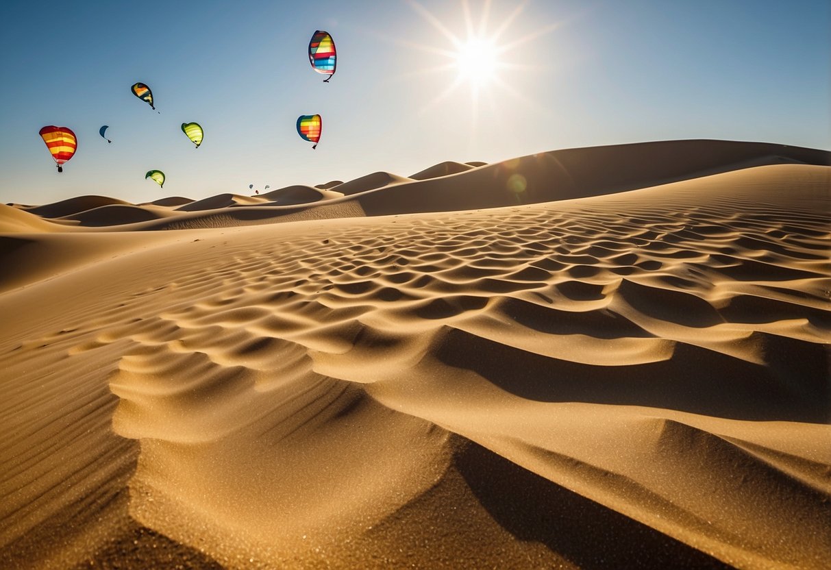 Sand dunes ripple under the bright sun. Colorful kites dance in the clear blue sky, casting playful shadows on the golden landscape