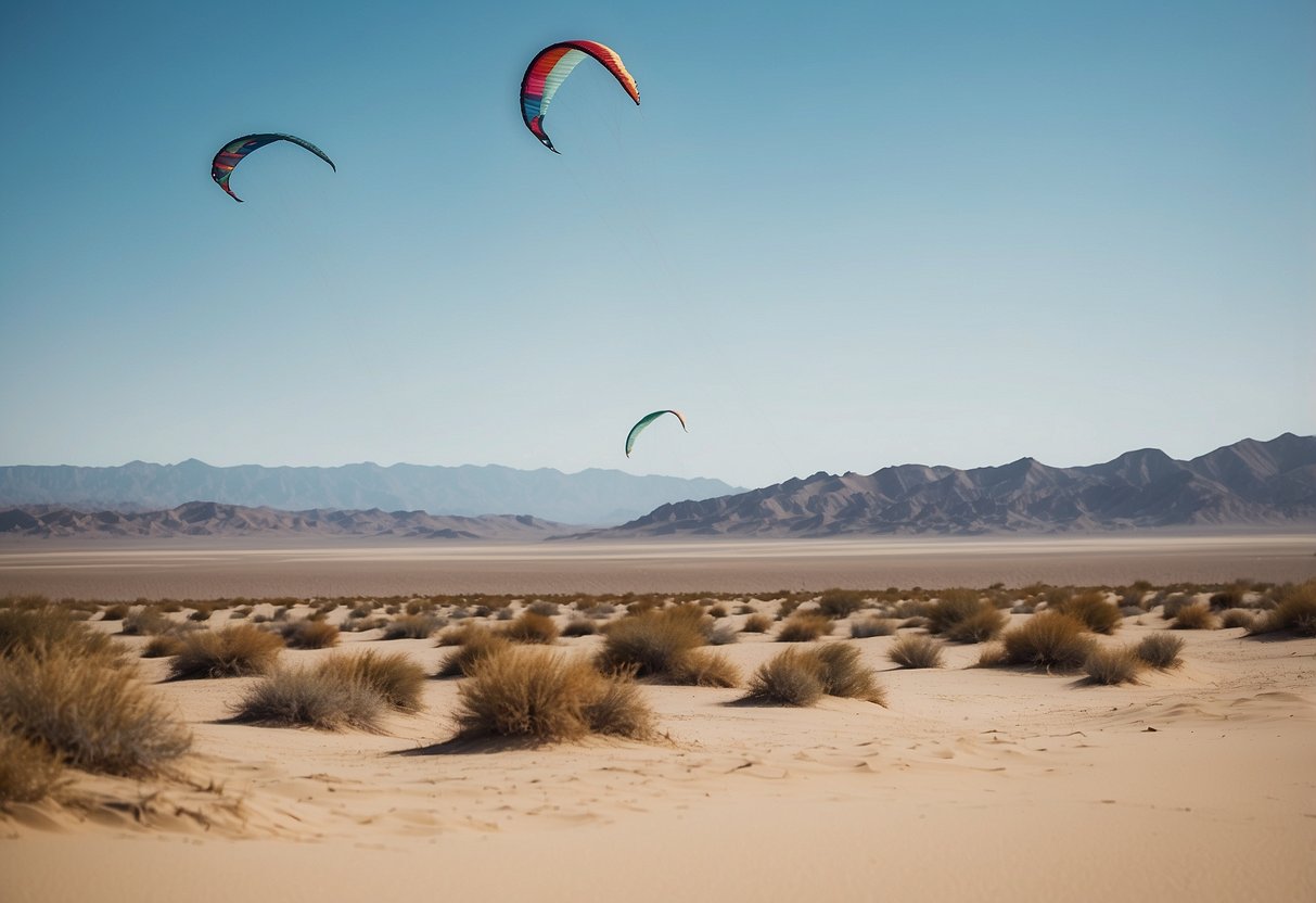 Clear blue sky, gentle breeze, vast desert landscape. Kites soaring above dunes and rock formations. Ideal conditions for desert kite flying