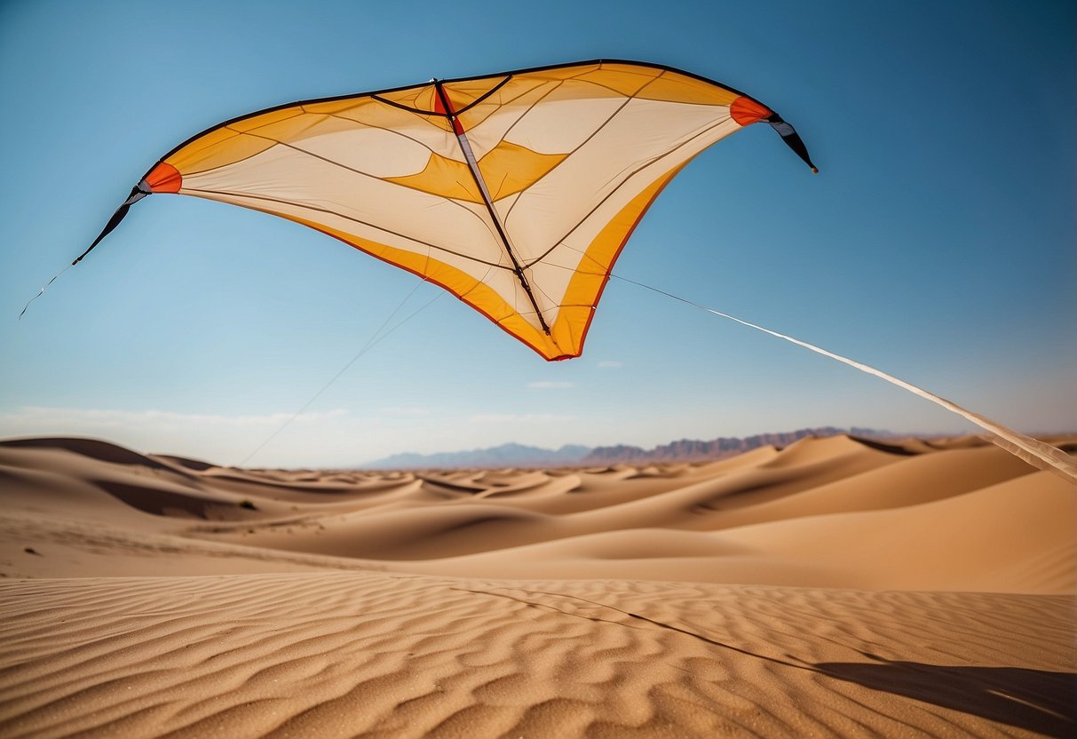 A desert landscape with a clear blue sky, sand dunes, and a kite flying high in the air. Nearby, a collection of necessary equipment for desert kite flying is laid out