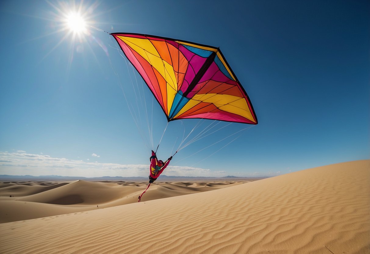 A colorful kite soars high above the vast desert landscape, with sand dunes and rugged terrain stretching out in all directions. The clear blue sky provides the perfect backdrop for an exhilarating kite flying experience