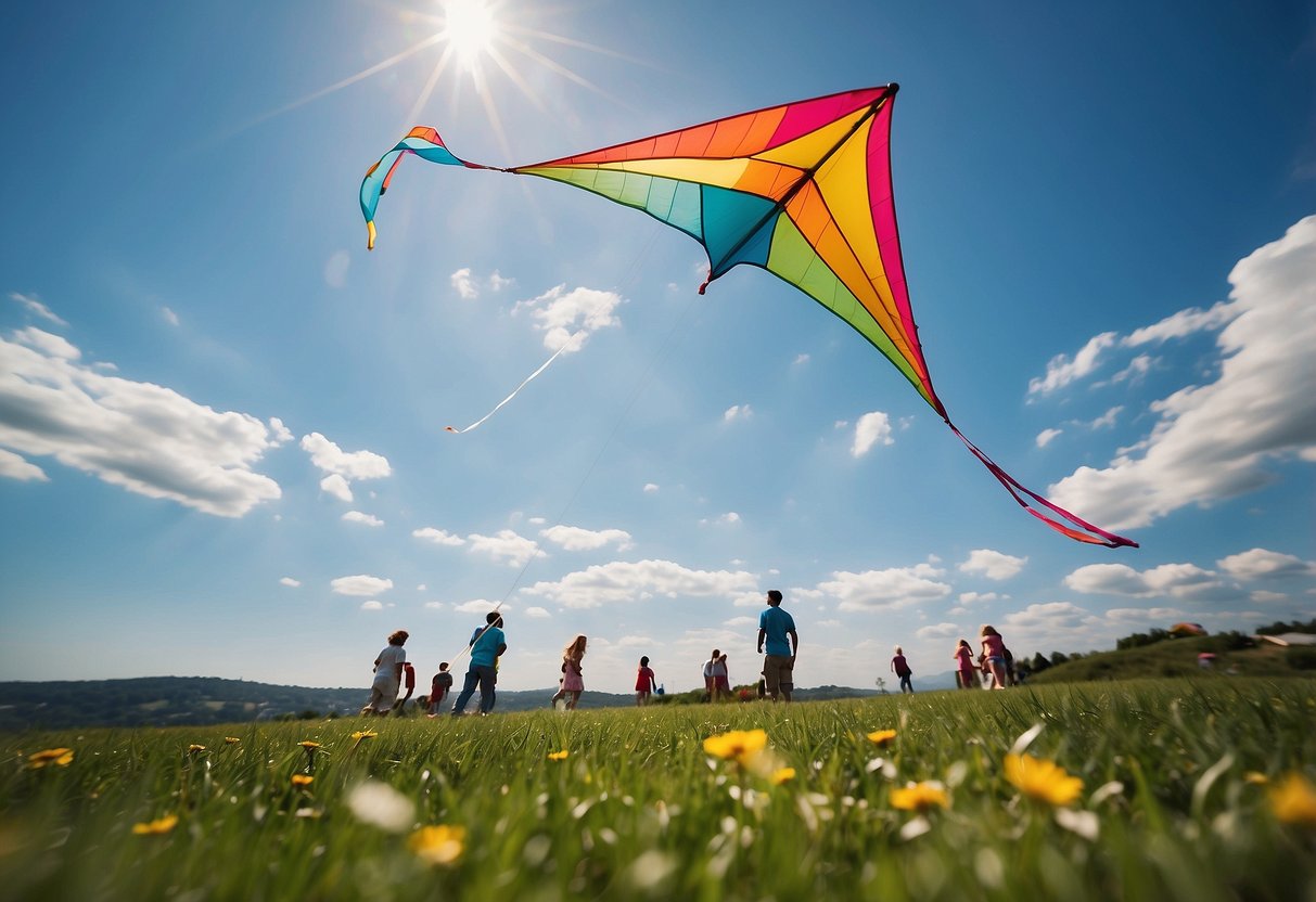 A colorful kite soars high in the clear blue sky, its tail dancing in the wind. A family picnic spread out on the grass, with a cooler and snacks nearby. Other kites dot the sky, creating a cheerful and lively atmosphere