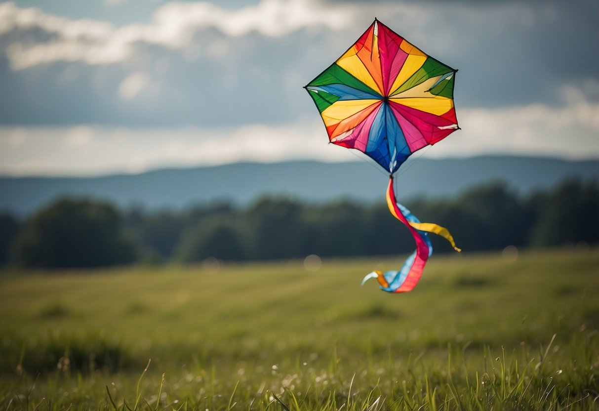 A colorful kite soars high above a grassy, open field as the wind whips through the air, creating a sense of freedom and joy